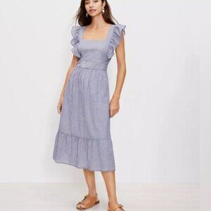 LOFT Blue Midi Dress with Ruffle Sleeves